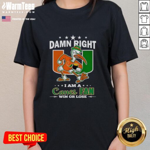 Miami Hurricanes mascot on a ladies tee shirt, perfect for fans who support the Canes win or lose.