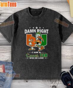 Washed Miami Hurricanes mascot t-shirt with 'Damn Right I Am A Canes Fan Win or Lose' slogan, perfect for fans.