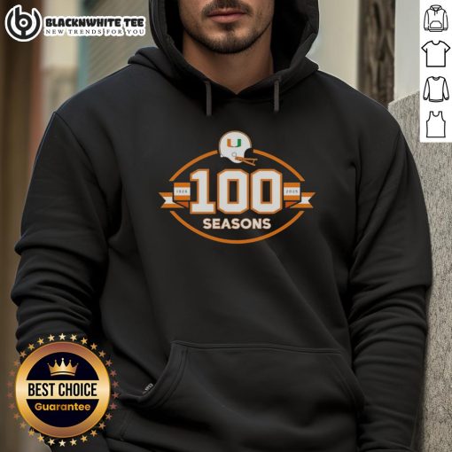 Nice Miami Hurricanes Football 100 Seasons hoodie, celebrating 1926-2025, perfect for fans and collectors.