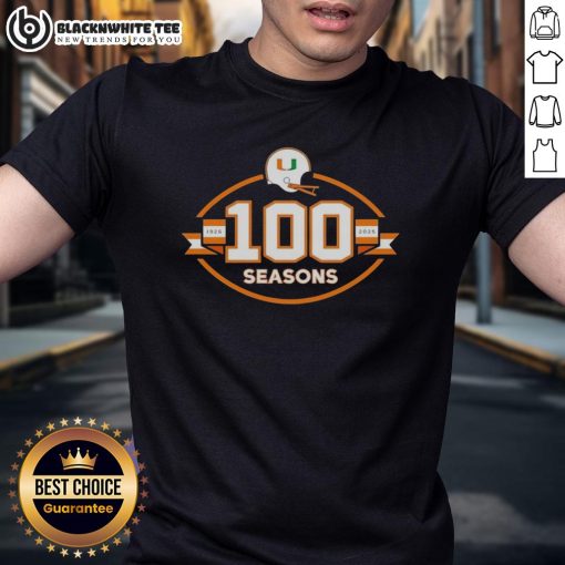 Nice Miami Hurricanes Football 100 Seasons 1926-2025 T-Shirt featuring vibrant team colors and commemorative design.
