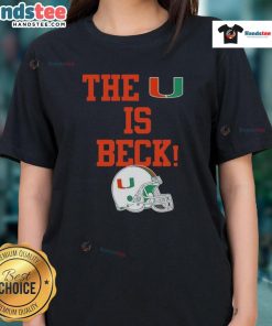 Nice Miami Hurricanes football helmet design on a ladies tee, showcasing The U is Back spirit and style.