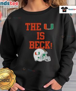 Alt Text: Nice Miami Hurricanes football sweatshirt featuring 'The U is Back' design and a helmet graphic for fans.