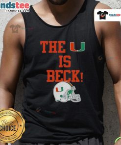 Alt Text: Stylish Miami Hurricanes football tank top featuring 'The U is Back' and a helmet design, perfect for fans.