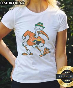 Miami Hurricanes X Notre Dame mascot ladies tee featuring vibrant colors and team logos, perfect for game day fashion.