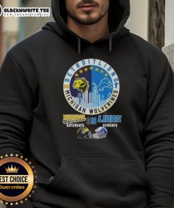 Alt Text: Nice Michigan Wolverines Saturdays & Detroit Lions Sundays hoodie featuring helmets and skyline design.