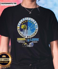 Nice Michigan Wolverines and Detroit Lions helmets skyline on a ladies tee for game day style.
