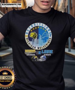 Nice Michigan Wolverines Saturdays and Detroit Lions Sundays helmet skyline T-shirt design for sports fans.