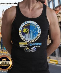 Nice Michigan Wolverines Saturdays and Detroit Lions Sundays helmets skyline tank top for sports fans and casual wear.