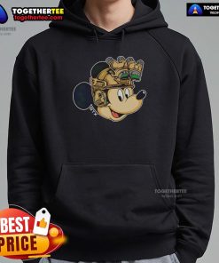 Alt Text: Mickey Mouse hoodie featuring military helmet and night vision goggles design, perfect for fans and unique fashion.