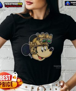 Nice Mickey Mouse military helmet with night vision goggles on a ladies' tee, perfect for Disney fans and casual wear.