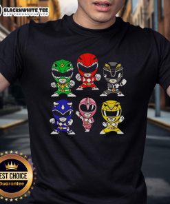 Chibi-style Mighty Morphin Power Rangers T-shirt featuring vibrant colors and playful designs, perfect for fans.