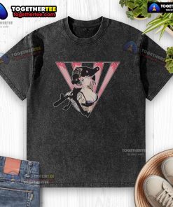 Alt Text: Nice military anime girl in tactical gear with weapons tattoo on a stylish washed t-shirt, perfect for anime fans.
