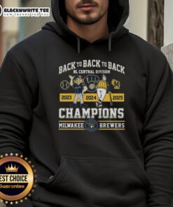 2025 Milwaukee Brewers Back-to-Back NL Central Division Champions hoodie featuring team logo and championship details.