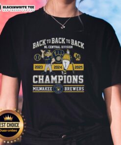 2025 Milwaukee Brewers Back-To-Back-To-Back NL Central Division Champions Ladies Tee featuring team logo and celebration design.