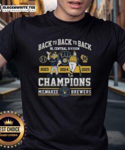 Alt Text: 2025 Milwaukee Brewers Back To Back To Back NL Central Division Champions T-Shirt design featuring team colors and logo.