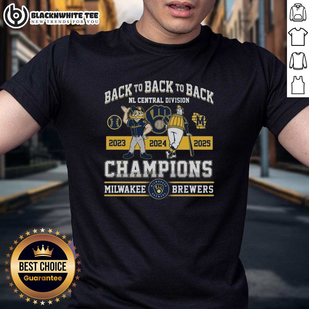 Nice Milwakee Brewers Back To Back To Back NL Central Division Champions 2025 T-Shirt Alt Text: 2025 Milwaukee Brewers Back To Back To Back NL Central Division Champions T-Shirt design featuring team colors and logo.