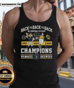 Alt Text: 2025 Milwaukee Brewers back-to-back-to-back NL Central Division Champions tank top featuring team colors and logo.