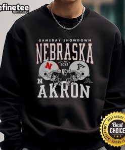 2025 College Football Gameday Showdown sweatshirt featuring Nice Nebraska Cornhuskers vs Akron Zips helmet design.