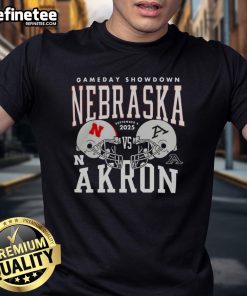 2025 Nebraska Cornhuskers vs Akron Zips college football gameday showdown helmet t-shirt design featuring team logos.