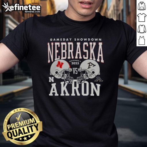 2025 Nebraska Cornhuskers vs Akron Zips college football gameday showdown helmet t-shirt design featuring team logos.