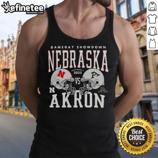 2025 College Football Gameday Showdown helmet tank top featuring Nebraska Cornhuskers vs Akron Zips design.