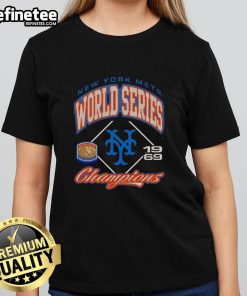 Vintage New York Mets Baseball World Series Champions 1969 Ladies Tee showcasing classic team logo and design.