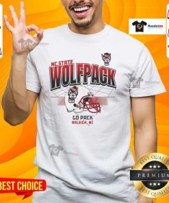 Alt Text: Nice North Carolina State Wolfpack football helmet graphic on a Go Pack Raleigh T-shirt design.