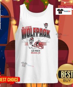 Nice North Carolina State Wolfpack football helmet graphic on a Go Pack Raleigh tank top, perfect for fans.