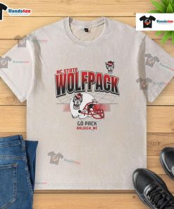 Nice North Carolina State Wolfpack football helmet graphic on a washed t-shirt, showcasing team spirit and style.