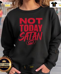 Cozy 'Nice Not Today Satan' Carolina Hurricanes sweatshirt in vibrant team colors, perfect for fans and chilly game days.