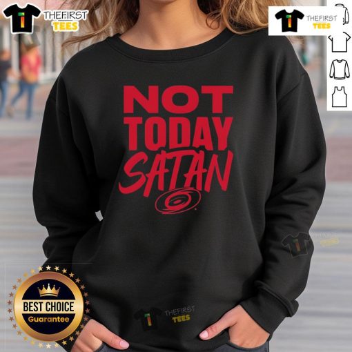 Cozy 'Nice Not Today Satan' Carolina Hurricanes sweatshirt in vibrant team colors, perfect for fans and chilly game days.