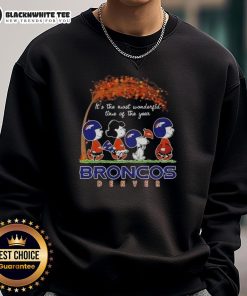 Denver Broncos sweatshirt featuring 'It's the Most Wonderful Time of the Year' with festive peanuts design.