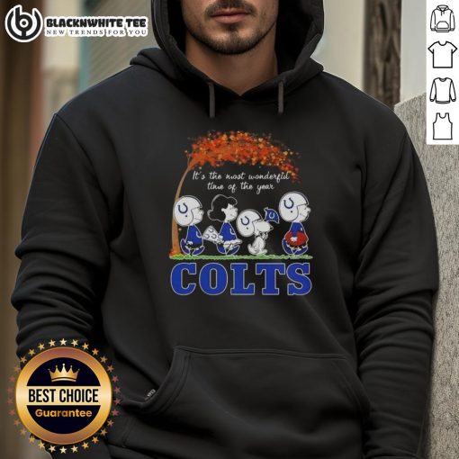 Alt Text: Indianapolis Colts football hoodie with 'It's the Most Wonderful Time of the Year' design featuring peanuts.