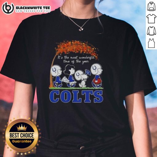 Indianapolis Colts football ladies tee featuring 'It's the Most Wonderful Time of the Year' design with peanuts theme.
