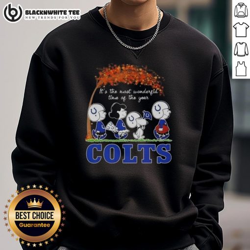 Alt Text: Nice Peanuts sweatshirt featuring Indianapolis Colts design, perfect for the most wonderful time of the year.