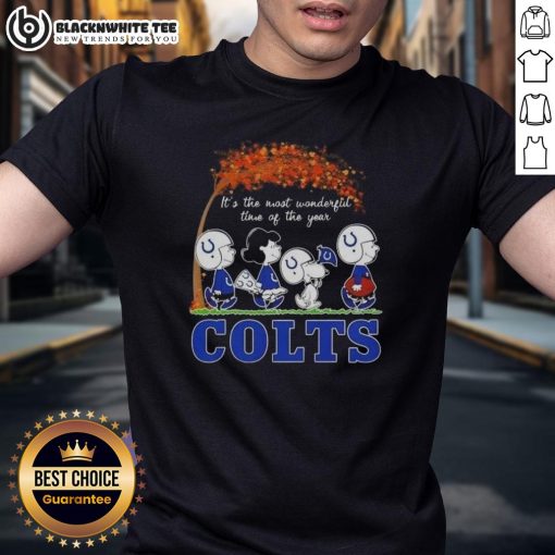Alt Text: Nice Peanuts 'It's The Most Wonderful Time Of The Year' Indianapolis Colts football t-shirt for fans.