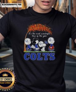 Alt Text: Nice Peanuts 'It's The Most Wonderful Time Of The Year' Indianapolis Colts football t-shirt for fans.
