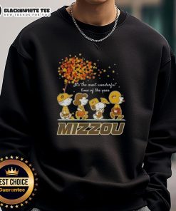 Alt Text: Mizzou Tigers sweatshirt featuring It's The Most Wonderful Time Of The Year design with festive peanuts theme.