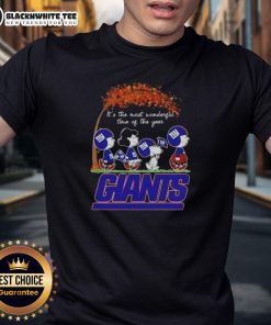 New York Giants football T-shirt featuring 'It's The Most Wonderful Time Of The Year' with a peanuts theme.