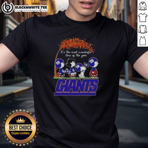 New York Giants football T-shirt featuring 'It's The Most Wonderful Time Of The Year' with a peanuts theme.