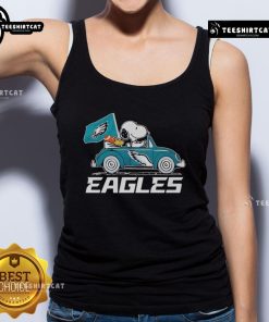 Philadelphia Eagles flag tank top featuring Snoopy and Woodstock driving a car, perfect for sports fans and casual wear.