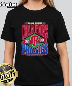 Vintage 2008 Philadelphia Phillies World Series Champions ladies tee showcasing team pride and classic baseball style.