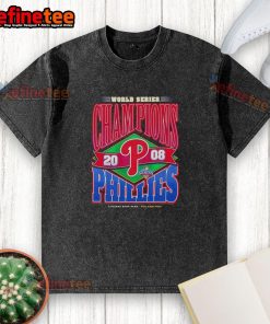 Vintage washed t-shirt featuring the Philadelphia Phillies 2008 World Series Champions logo, perfect for baseball fans.