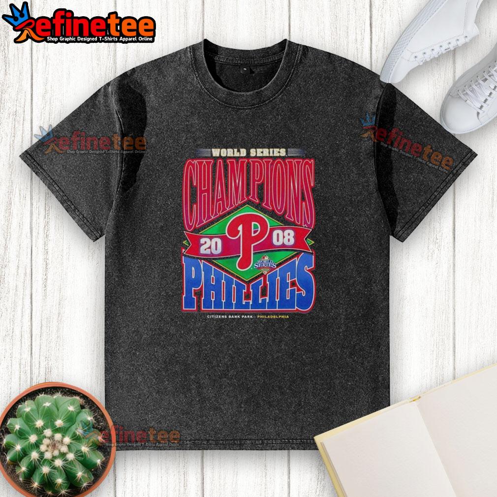 Nice Philadelphia Phillies Baseball World Serie Champions 2008 Vintage Washed T-Shirt Vintage washed t-shirt featuring the Philadelphia Phillies 2008 World Series Champions logo, perfect for baseball fans.