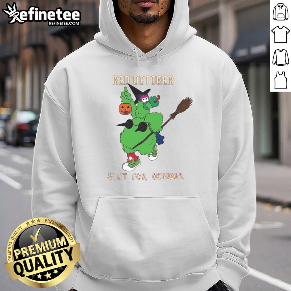 Nice Philadelphia Phillies Phillie Phanatic Red October Slut For October Mascot Halloween Hoodie Alt Text: Philadelphia Phillies mascot, Phillie Phanatic, in a festive Halloween hoodie for Red October.