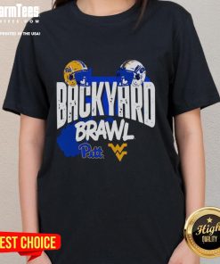 Alt Text: Ladies tee featuring the Nice Pitt Panthers vs. West Virginia Mountaineers Backyard Brawl helmet design.