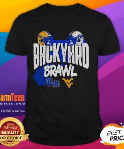 Nice Pitt Panthers Vs. West Virginia Mountaineers Backyard Brawl Helmet T-Shirt featuring team logos and vibrant graphics.