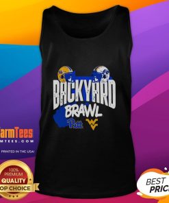 Backyard Brawl helmet tank top featuring Pitt Panthers vs. West Virginia Mountaineers design for fans and athletes.