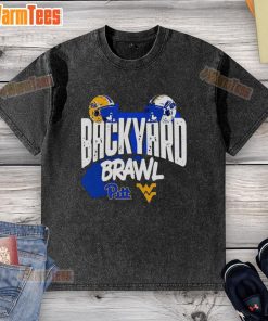 Alt Text: Pitt Panthers vs. West Virginia Mountaineers Backyard Brawl helmet design on a washed t-shirt, perfect for fans.