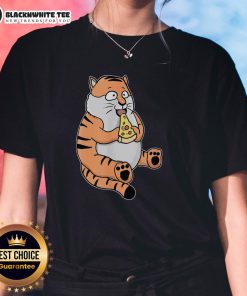 Alt Text: Cute cartoon tiger enjoying pizza on a ladies' tee, showcasing a fun and playful design for animal lovers.